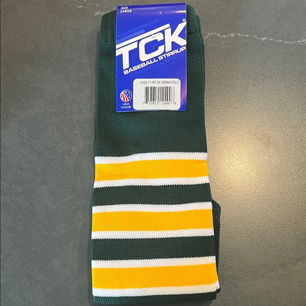 NWT TCK Baseball Softball Stirrups, Dark Green, Gold, White, unisex sz Men’s L